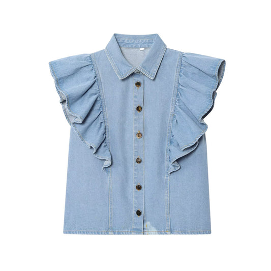 Women's new fashion layered decoration sleeveless denim shirt