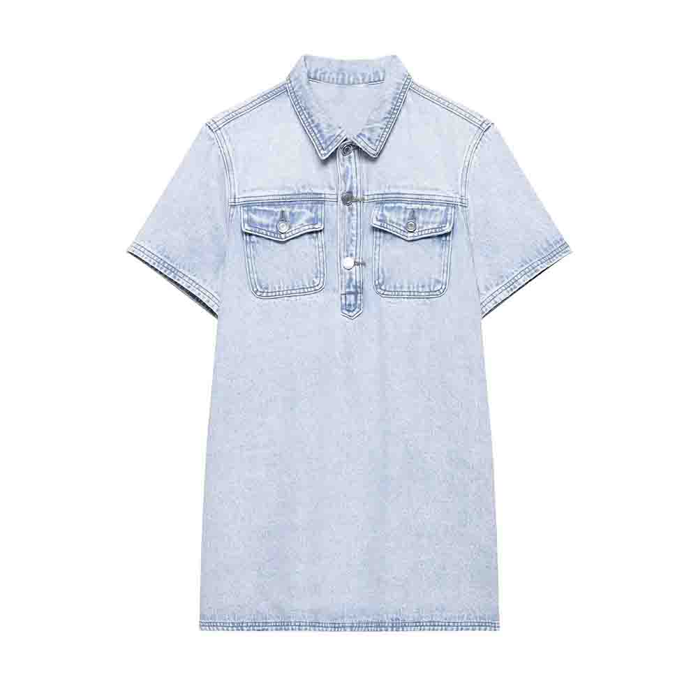 Women's new fashion pocket decoration short sleeved shirt style denim mini dress