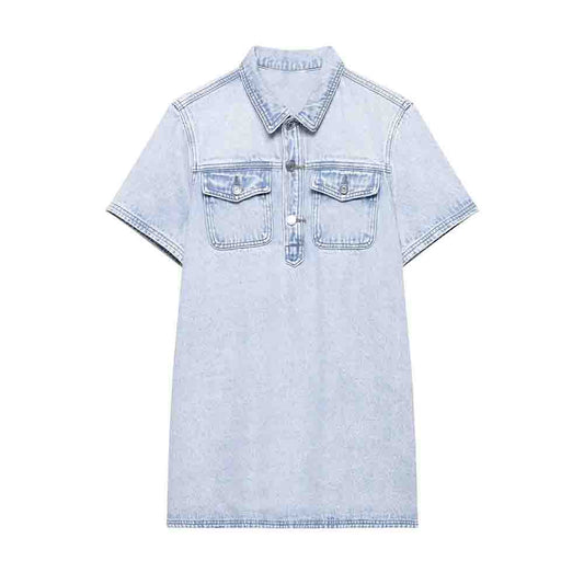 Women's new fashion pocket decoration short sleeved shirt style denim mini dress