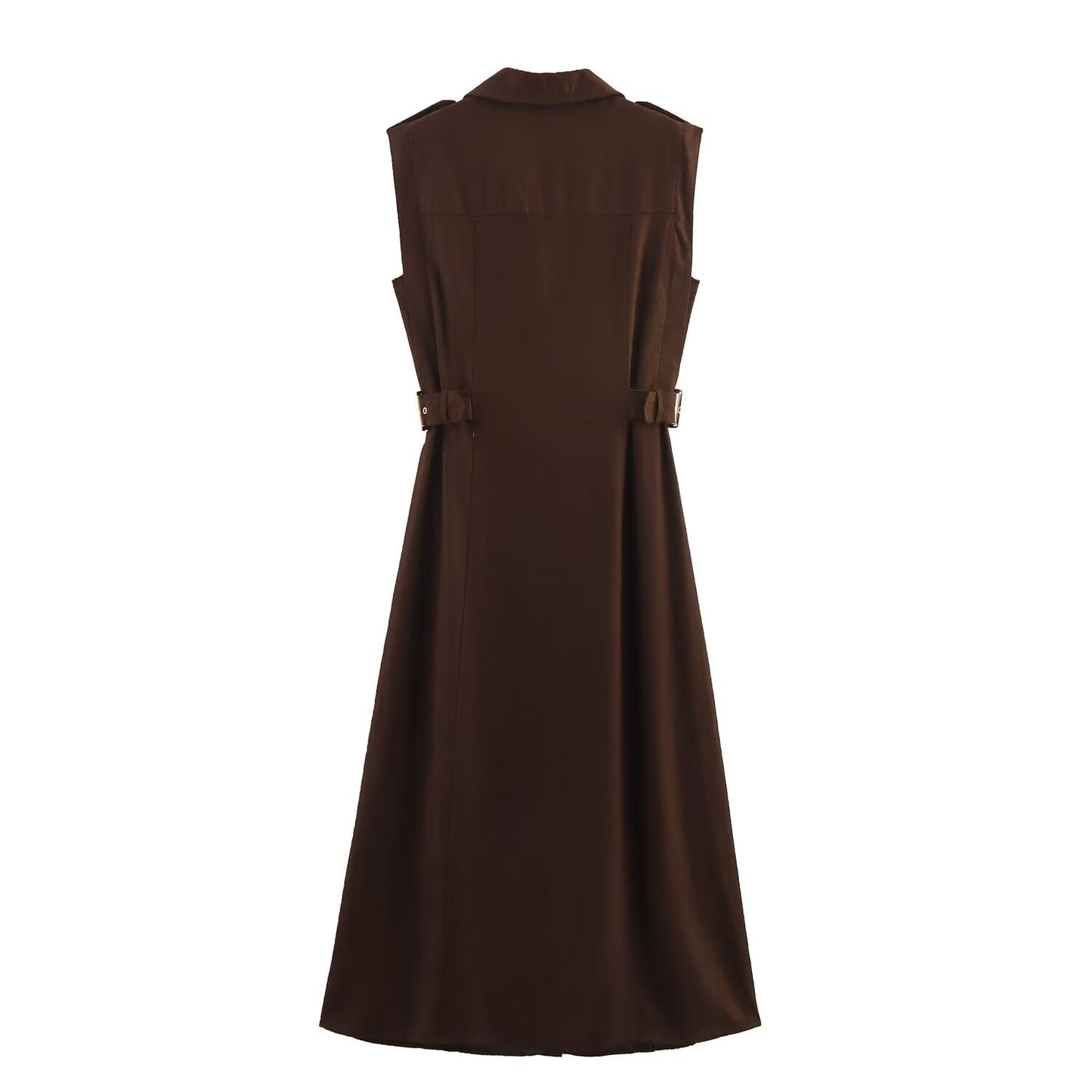 Women's new chic fashion flip decoration casual single breasted linen blended MIDI dress retro sleeveless women's dress