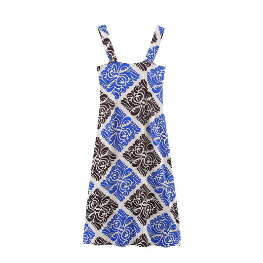 Women's' New Fashion Open Design Printed Wide Shoulder Strap Midi Dress