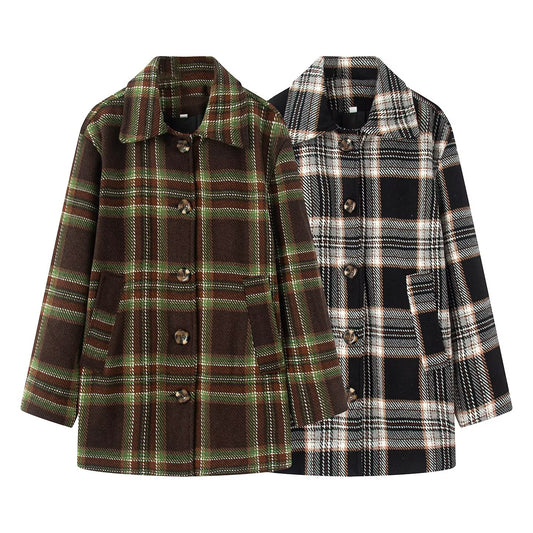 Women's loose single breasted plaid woolen blend Coat