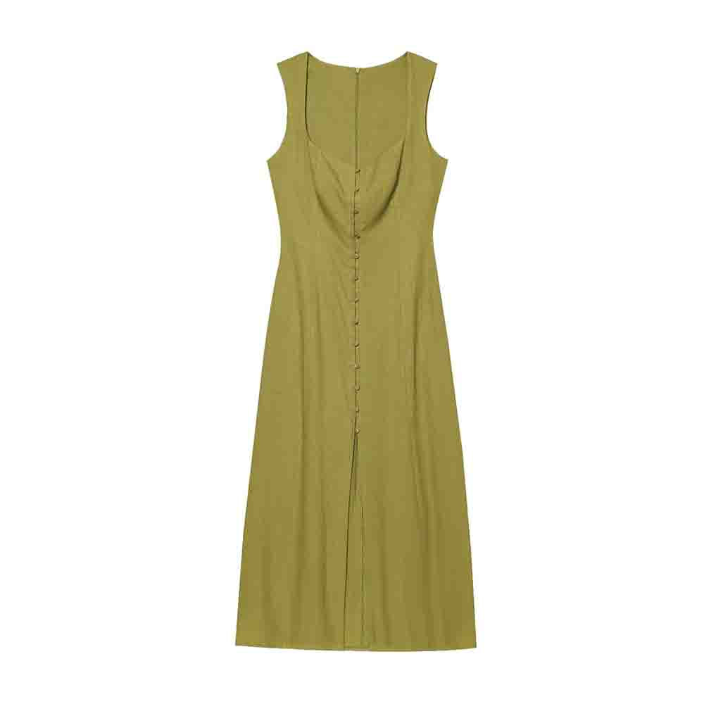 Women's New Fashion Sleeveless Linen Blended Button up Midi Dress