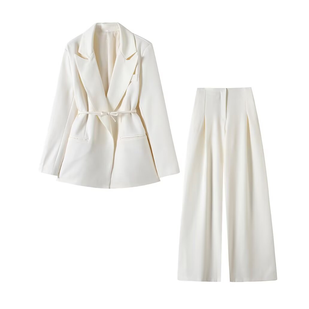 Ladies' new fashion with Belt loose casual lapel suit coat retro long sleeved women's coat chic top+Pants Women's suit