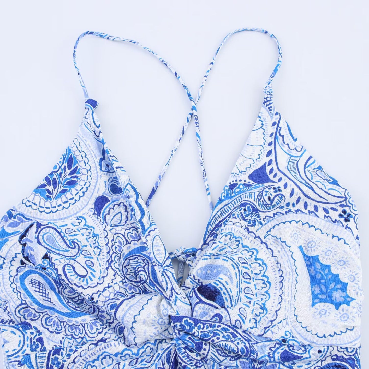 Women's' New Fashion knot decoration slim print V-neck suspender MIDI dress