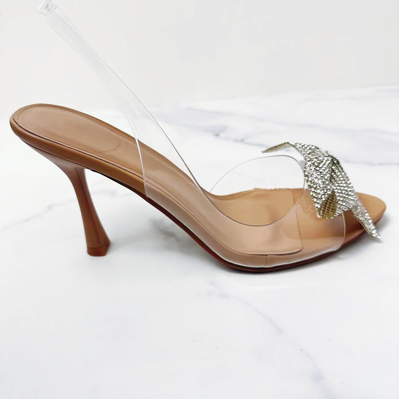 Women's New Fashion Joker Bow Decorated with Plastic High-heeled Sandals French Crystal Women's Sandals.