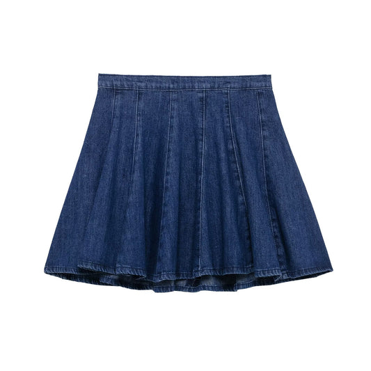 Women's 2025 new fashion casual high waist wide pleated denim mini skirt