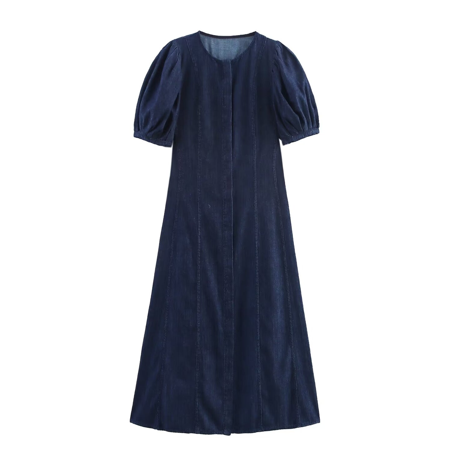 Women's new chic fashion bubble short sleeved denim MIDI dress