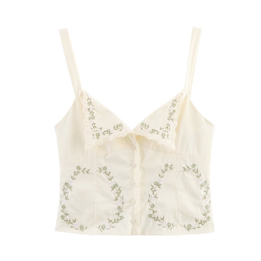 Ladies' New Fashion Slim Single breasted Embroidered Poplin suspender Top