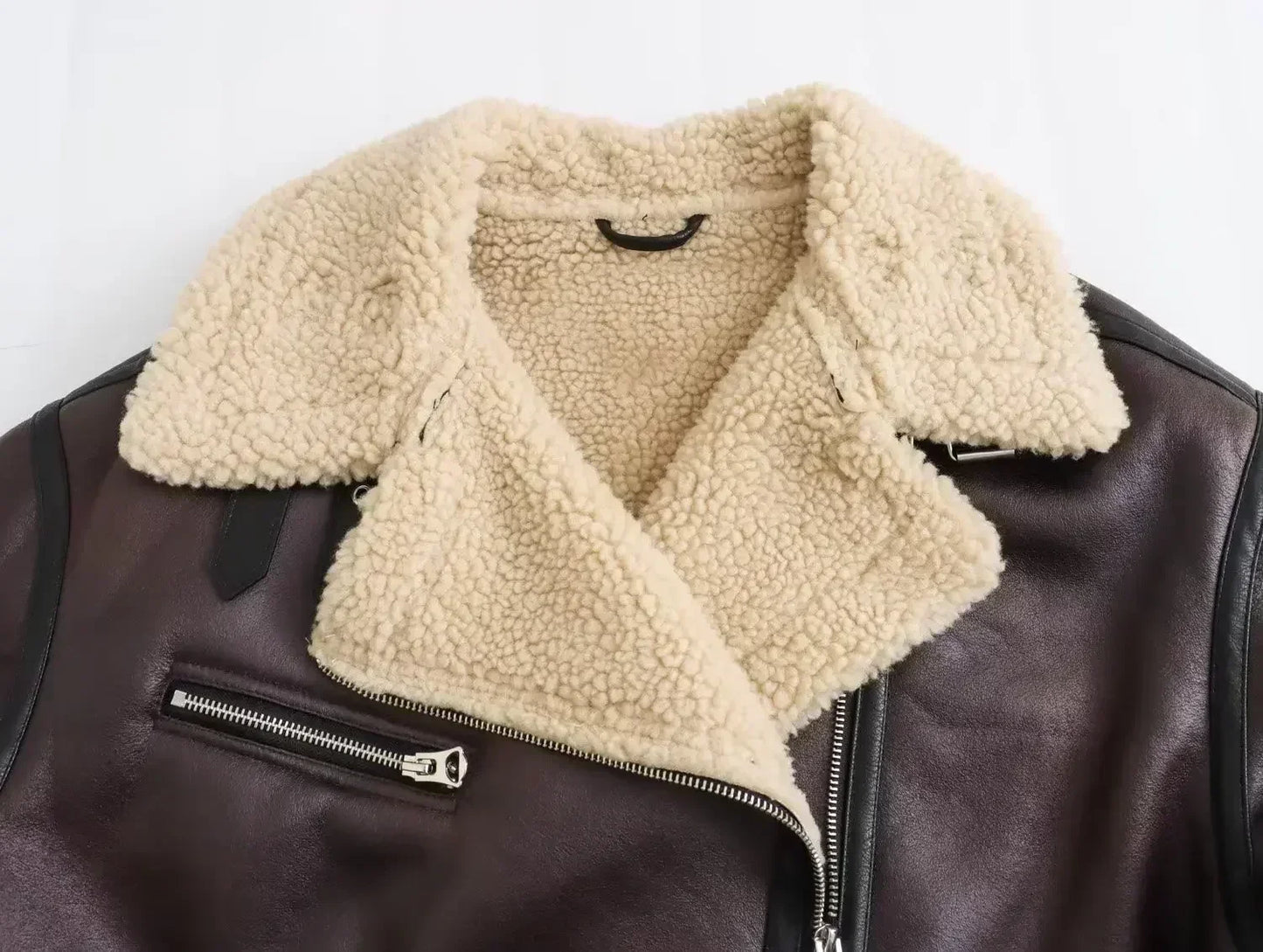 Women New Fashion With belt Warm two-sided Fur Faux Leather Jacket Coat Vintage Long Sleeve Zipper Female Outerwear Tops