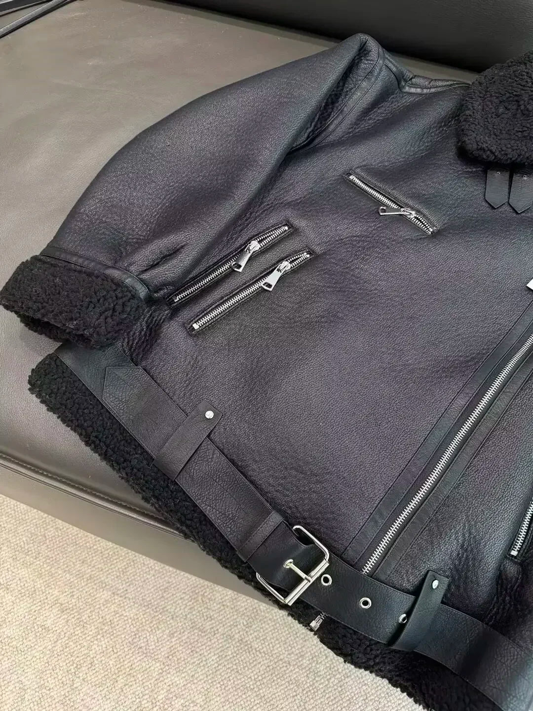 Women's New Fashion Double Zipper Pocket Design Loose Fur Artificial Leather Jacket Coat Retro Long Sleeve Women's Coat Chic Top