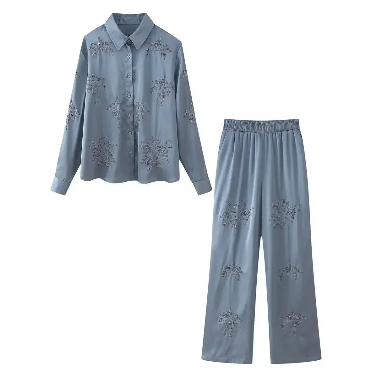 Women's new fashion beaded decoration casual lapel embroidered women's shirt retro long sleeved Button up women's shirt 