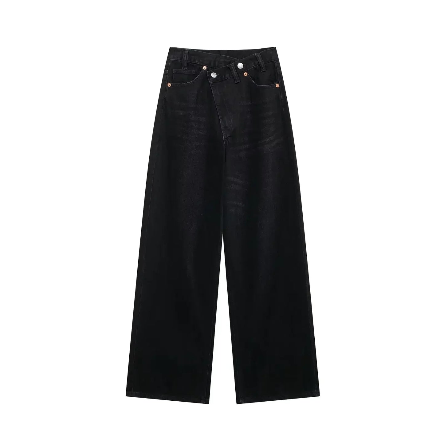 Women's New Fashion Asymmetric Waist Design Loose High Waist Casual Wide Leg Jeans Retro Side Pocket Women's Denim Pants 