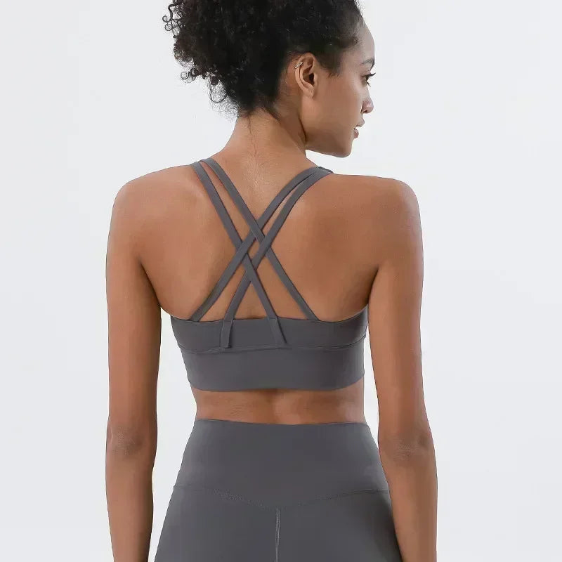 Yoga New Double-sided Sanding Cross Back Sports Bra Shockproof Gathered Yoga Bra Fitness.