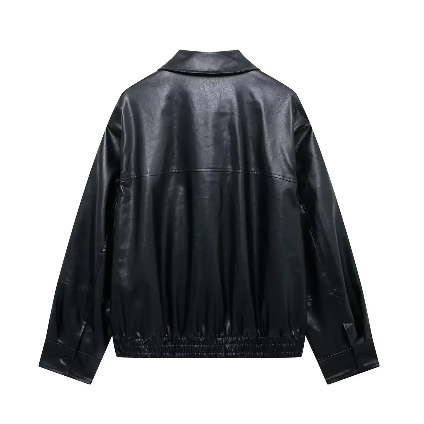 Women's 2024 New Fashion Casual Side Pocket Solid Lapel Faux Leather Jacket Coat Retro Long Sleeve Zipper Women's Coat Chic Top 