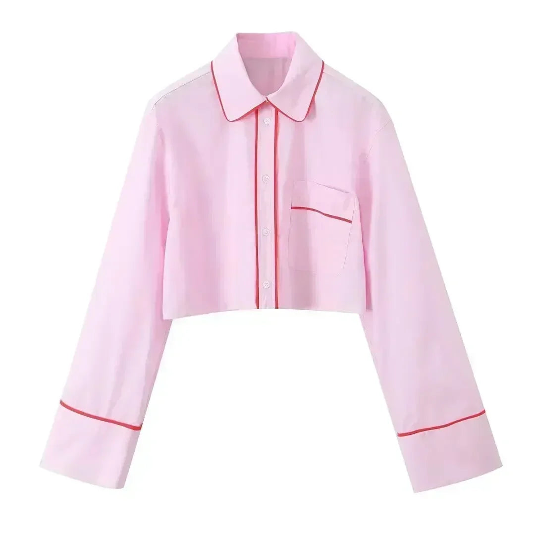 Women's New Fashion with Pocket Splicing Line Decoration Short Casual Shirt Retro Long sleeved Button Women's Shirt Unique Top