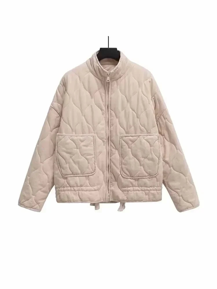 Women's 2024 New Fashion Large Pocket Decoration Loose Warm Washed Cotton Coat Retro Long Sleeve Zipper Women's Coat