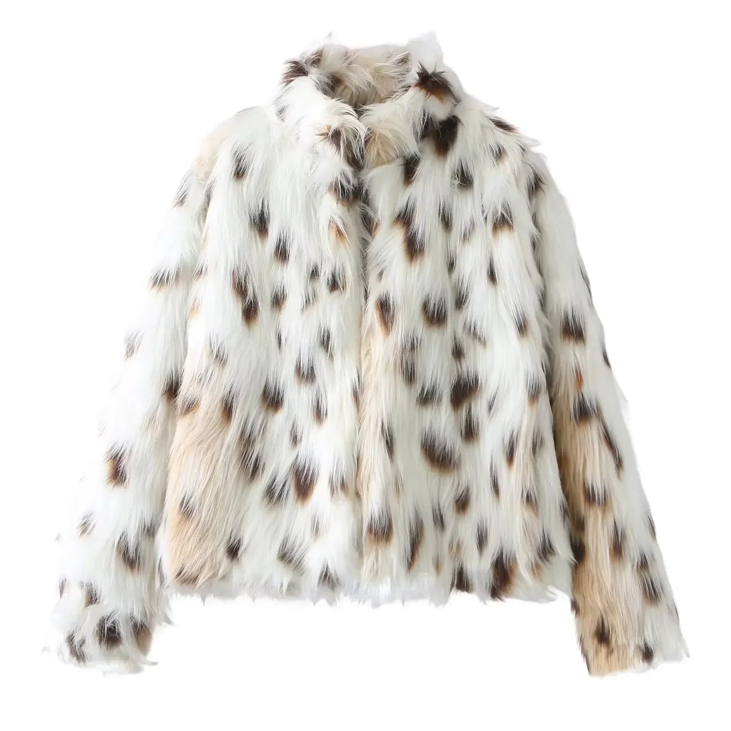 Women's new fashion faux fur effect casual side pocket printed striped Coat retro stand Neck long sleeved women's Coat chic top