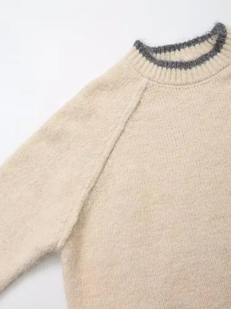 Women's 2024 new fashion multi-color casual contrasting O Neck knitted sweater retro long sleeved women's pullover chic top 