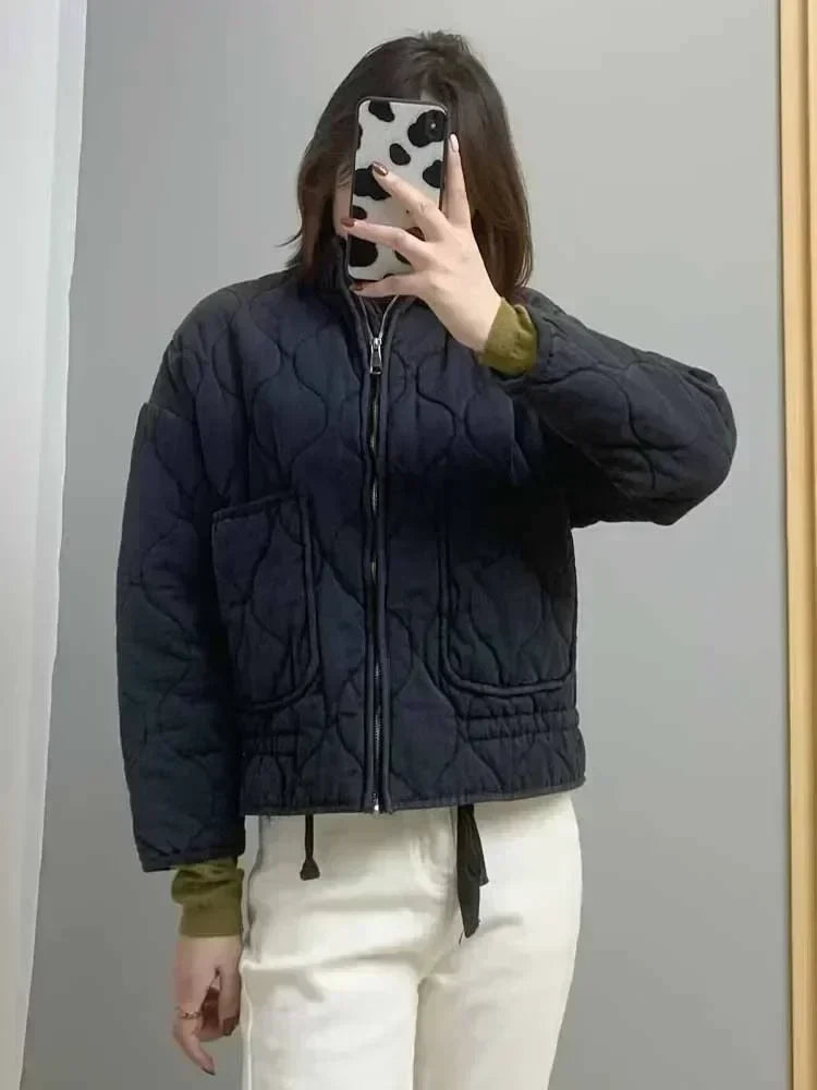 Women's 2024 New Fashion Large Pocket Decoration Loose Warm Washed Cotton Coat Retro Long Sleeve Zipper Women's Coat