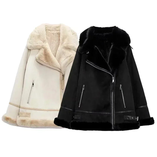 Women's 2023 Fashion Thick Winter Warm Loose Fur All-in-One Jacket Retro Long Sleeve Zipper Female Outerwear Chic Top Muje 