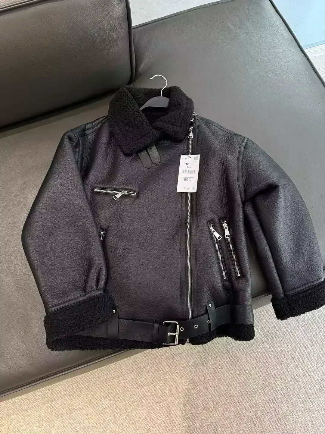 Women's New Fashion Double Zipper Pocket Design Loose Fur Artificial Leather Jacket Coat Retro Long Sleeve Women's Coat Chic Top