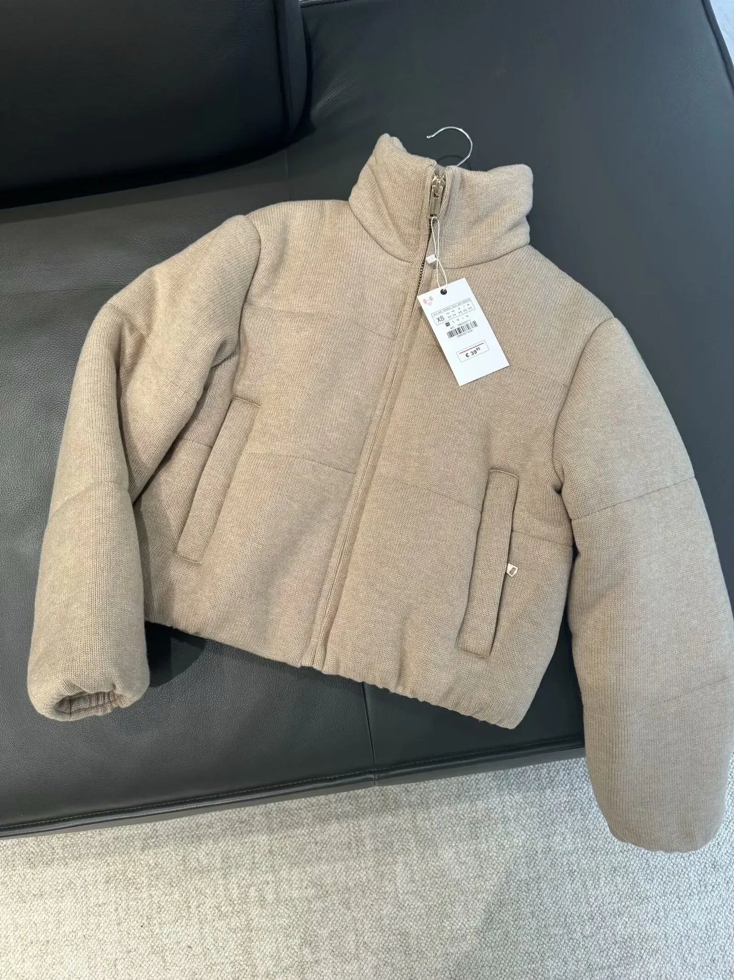 Women's winter fashion short Side pocket warm stand collar knitted cotton Coat retro long sleeved zipper women's Coat chic top