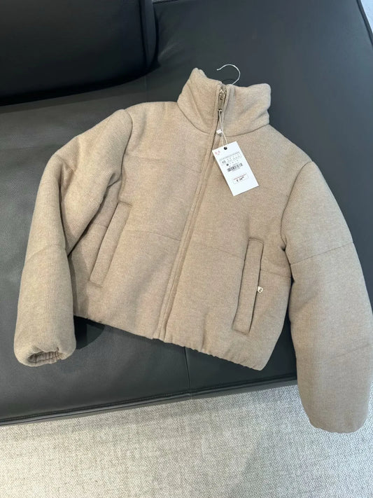 Women's winter fashion short Side pocket warm stand collar knitted cotton Coat retro long sleeved zipper women's Coat chic top