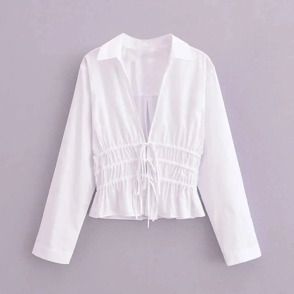Women's new fashion trench fabric slim short pleated V-neck shirt retro long sleeved Lace up women's shirt chic top