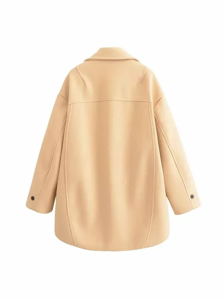 Women's winter fashion loose double breasted warm Lapel woolen coat retro long sleeved side pocket women's coat chic top