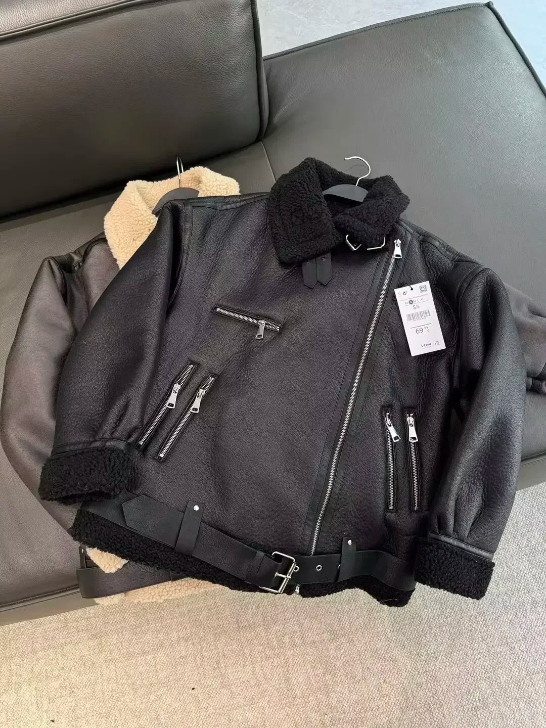 Women's New Fashion Double Zipper Pocket Design Loose Fur Artificial Leather Jacket Coat Retro Long Sleeve Women's Coat Chic Top