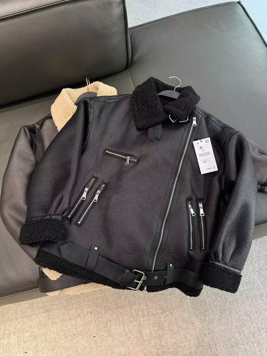 Women's New Fashion Double Zipper Pocket Design Loose Fur Artificial Leather Jacket Coat Retro Long Sleeve Women's Coat Chic Top