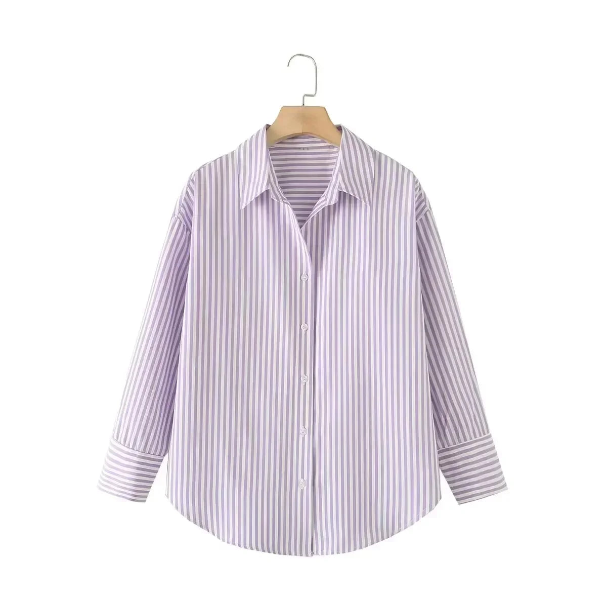 Women's new fashion loose basic style striped shirt casual single breasted lapel shirt retro long sleeved women's shirt chic top