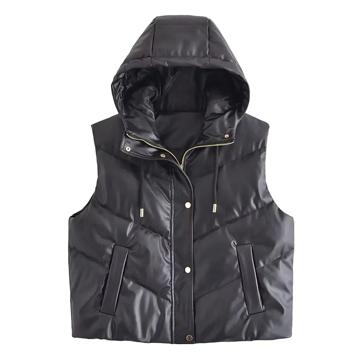 Women's new fashion side pocket casual black faux leather hooded Cotton vest retro sleeveless button up women's vest chic top