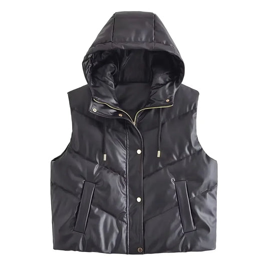Women's new fashion side pocket casual black faux leather hooded Cotton vest retro sleeveless button up women's vest chic top