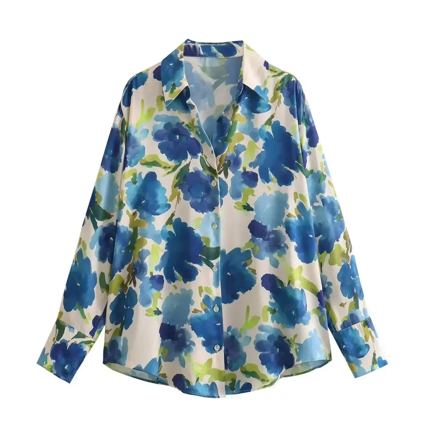 Women's new fashion loose satin texture shirt casual floral print shirt retro long sleeved Button up women's shirt chic top