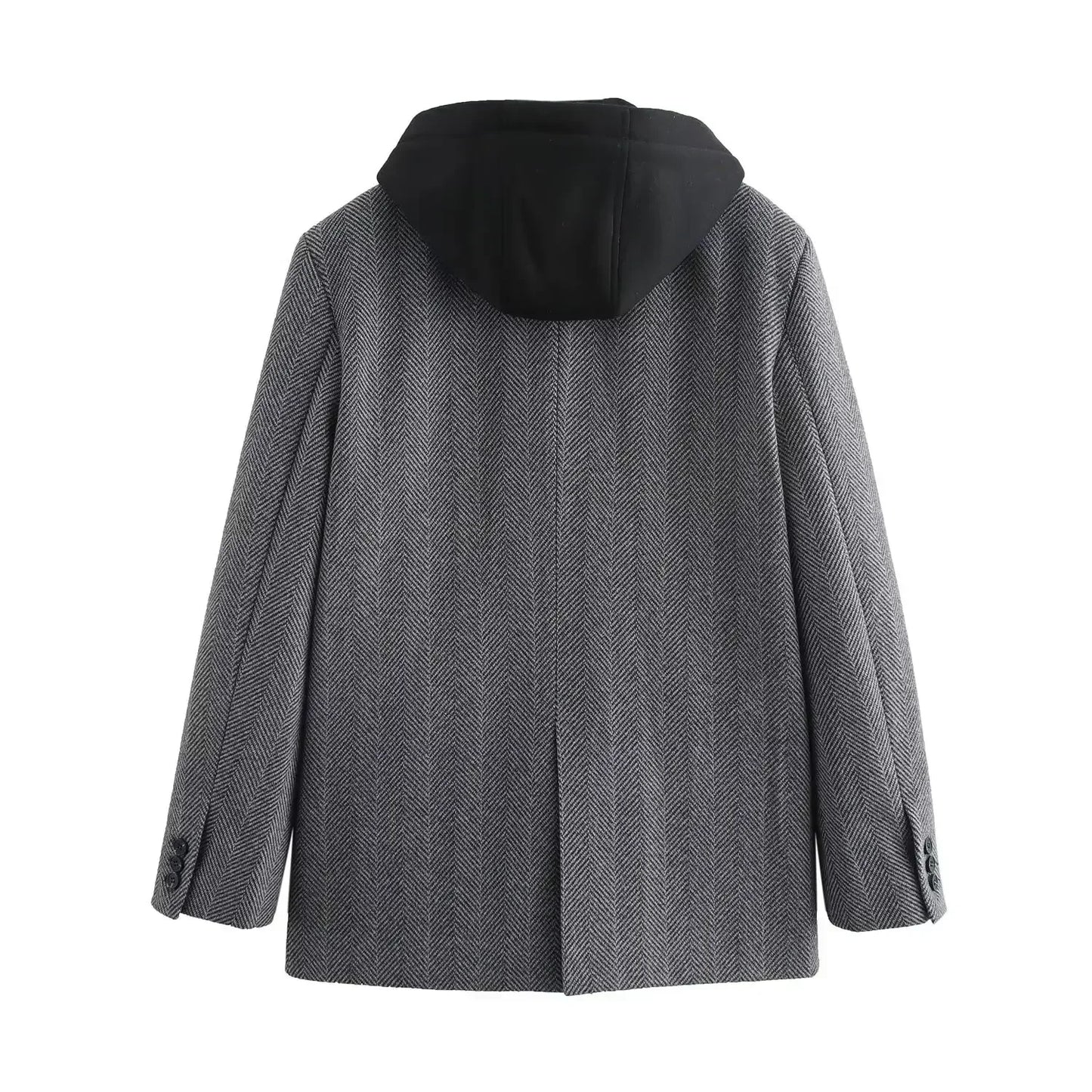 Ladies' new fashion flip design casual hooded patchwork herringbone diagonal suit coat retro long sleeved women's coat chic top