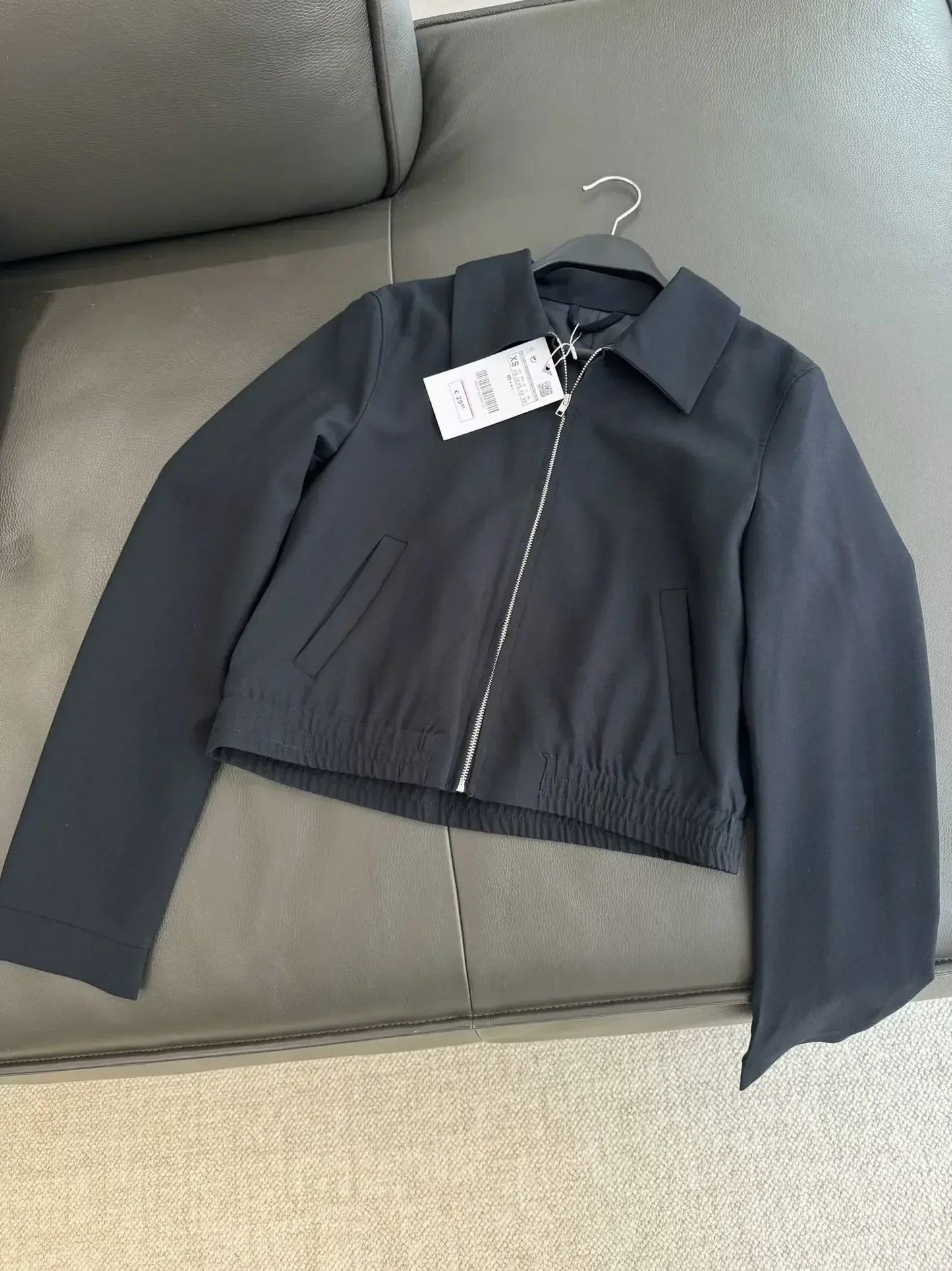 Women's new fashion side pocket decoration casual short lapel jacket coat retro long sleeved zipper women's coat chic top