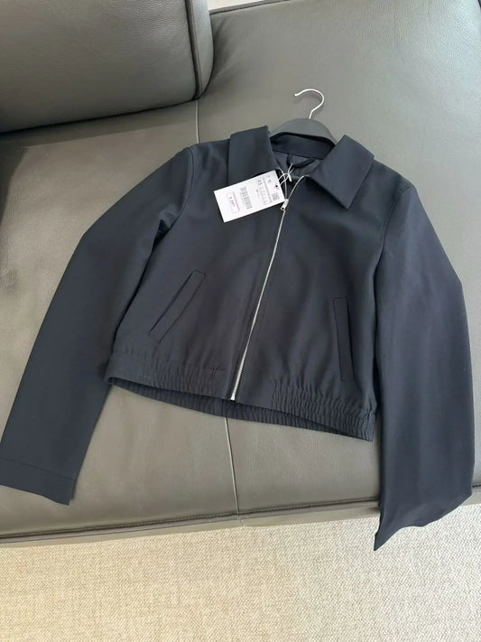 Women's new fashion side pocket decoration casual short lapel jacket coat retro long sleeved zipper women's coat chic top