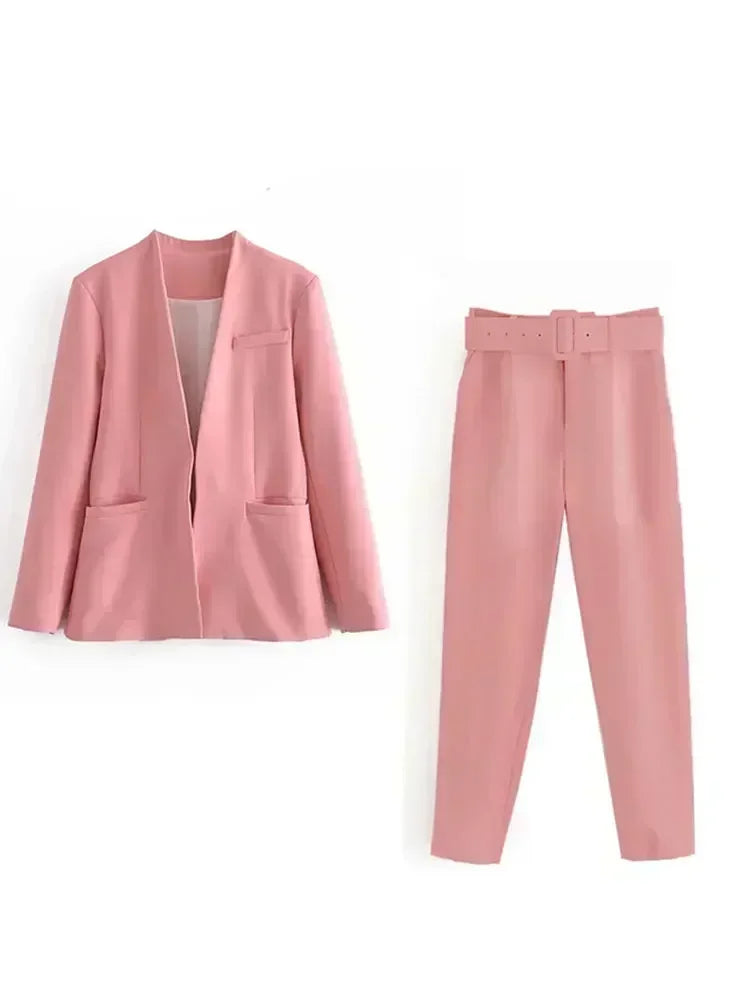 set Women 2 pieces 2023 New Fashion Collarless explosion Blazer Coat Vintage Belt suit pants Female Outerwear Chic 