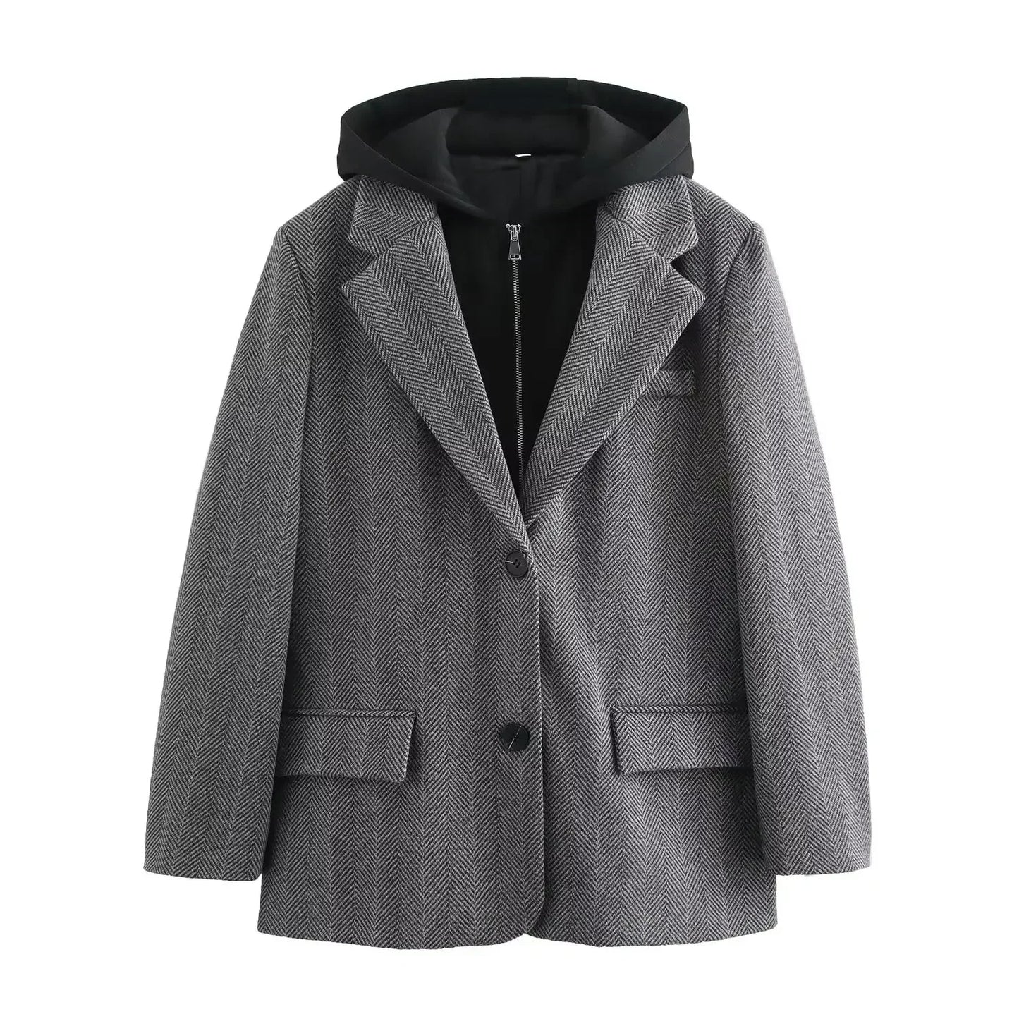 Ladies' new fashion flip design casual hooded patchwork herringbone diagonal suit coat retro long sleeved women's coat chic top