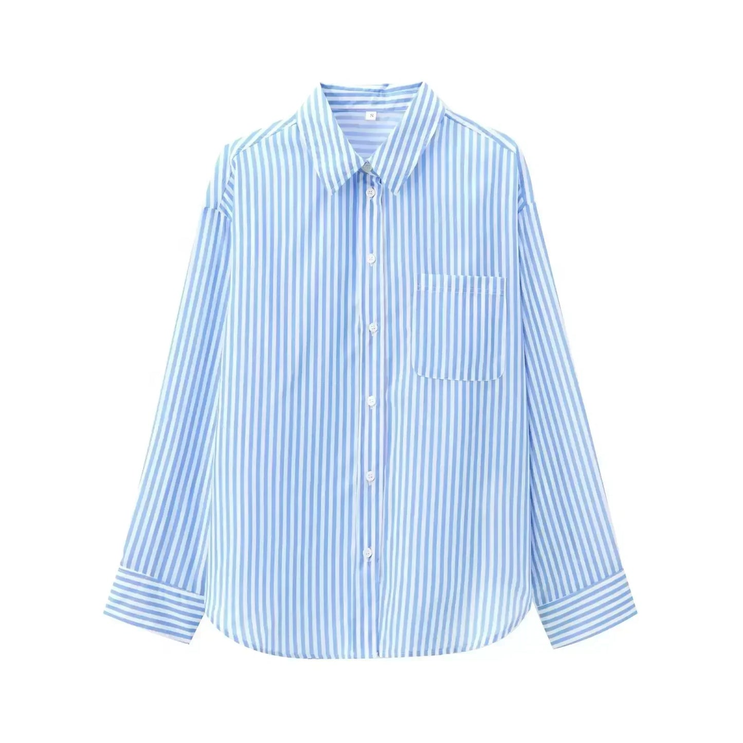 Women's 2024 new fashion pocket decoration loose striped asymmetrical shirt retro long sleeved button up women's shirt 