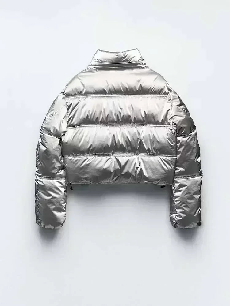 Women 2023 Winter Fashion Metal series Cropped Solid Warm Cotton Coat Vintage Long Sleeve Zipper Female Outerwear Chic Tops 