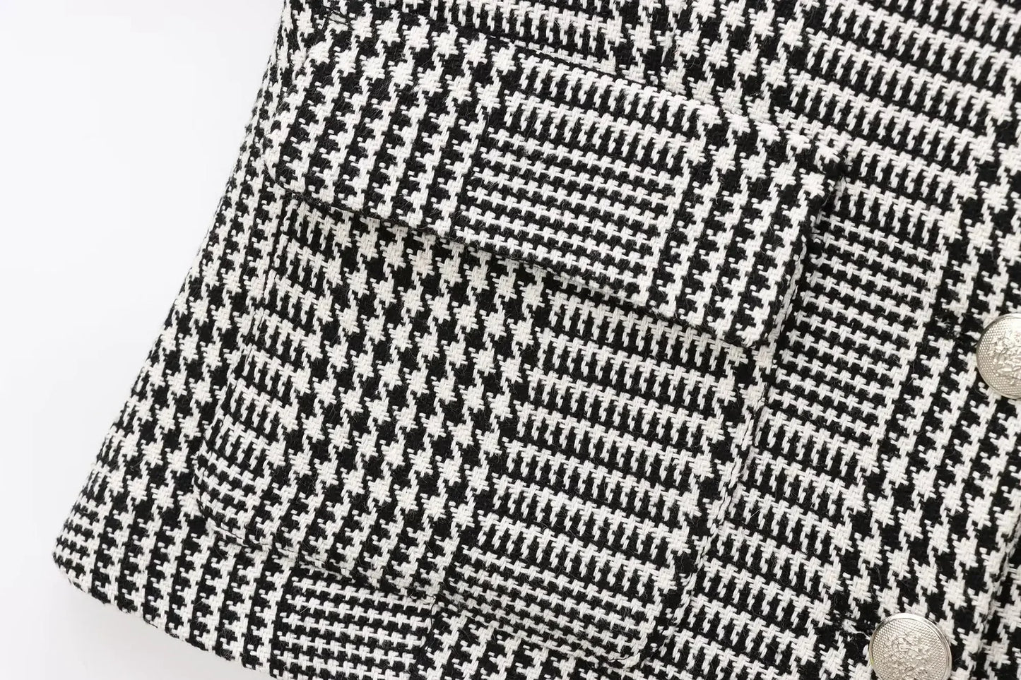 Ladies' new fashion flap pocket decoration slim short O Neck plaid suit Coat retro long sleeved button up women's Coat chic top