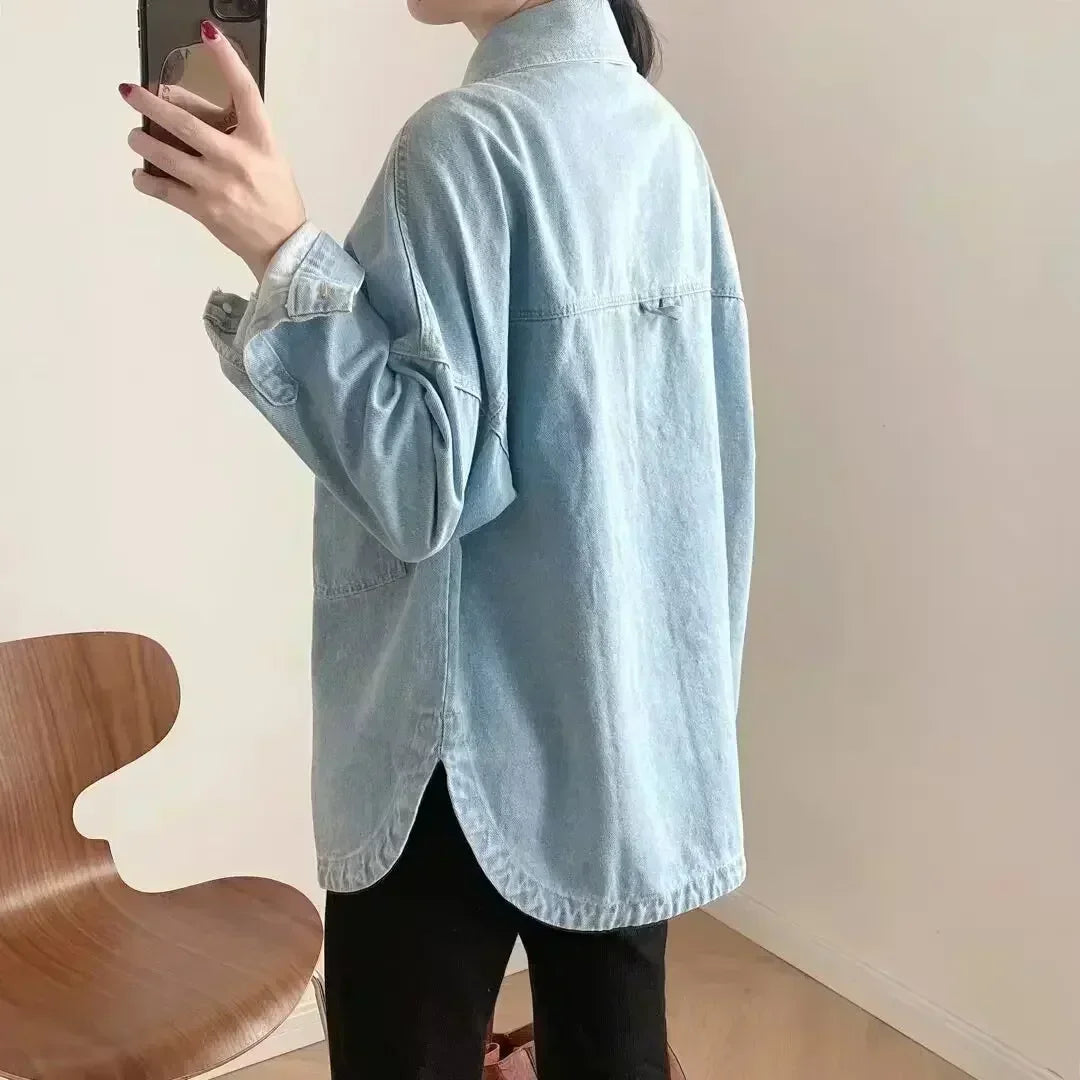 Women's new fashionable large pocket decoration loose casual denim shirt retro long sleeved button up women's shirt chic top