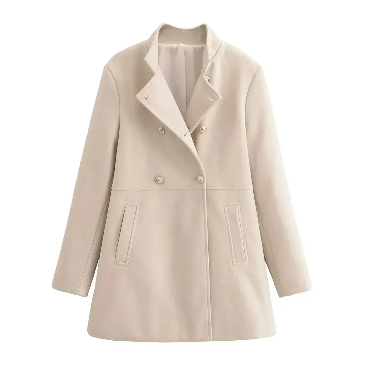 Women's new fashion gold double breasted decoration slim casual woolen coat retro long sleeved side pocket women's coat Chic top