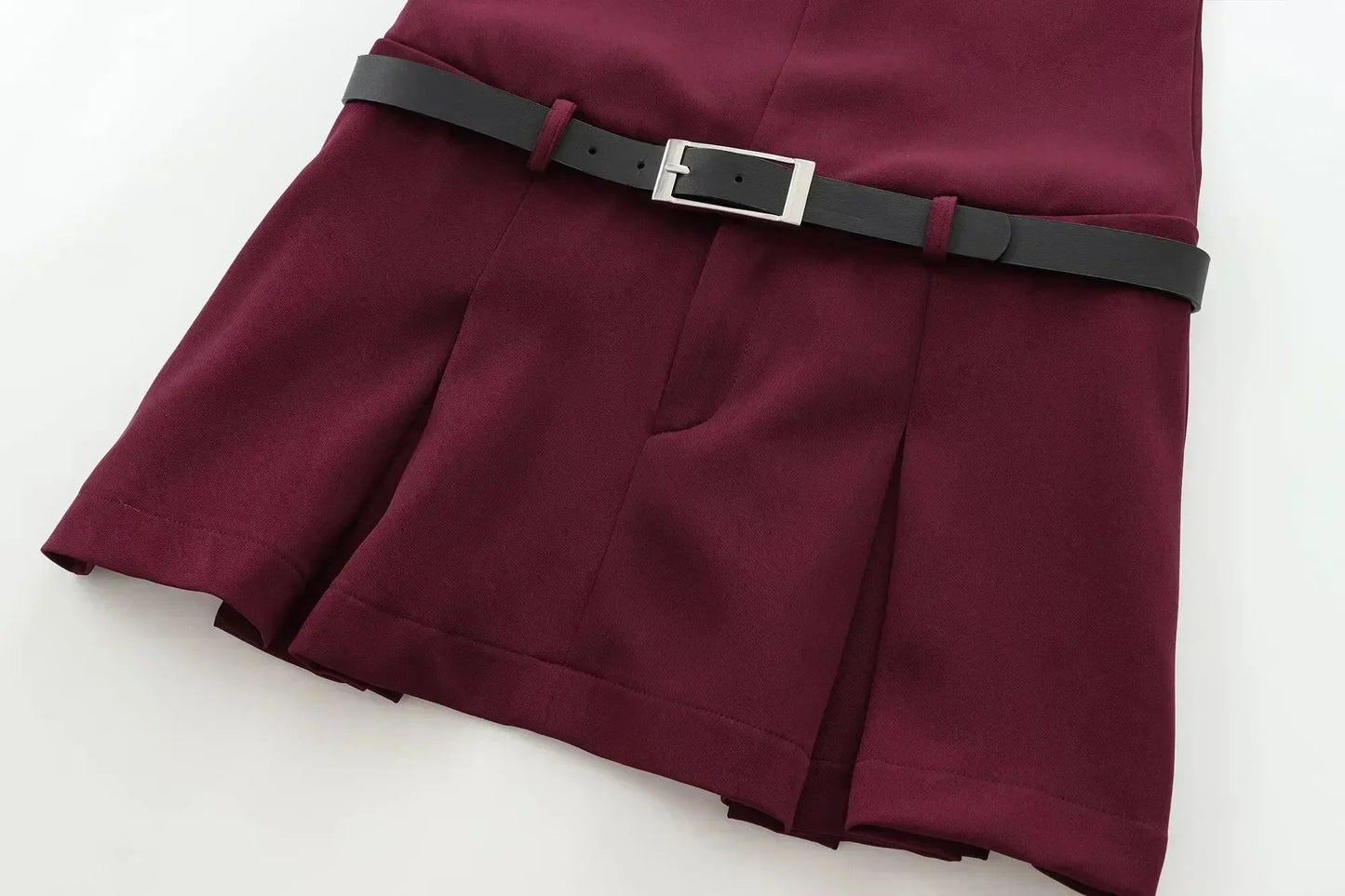 Women's 2024 new fashion belt decoration slim V Neck wide pleated mini dress retro sleeveless back zipper women's dress Mujer 