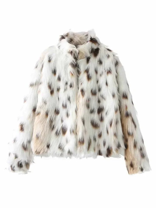 Women's new fashion faux fur effect casual side pocket printed striped Coat retro stand Neck long sleeved women's Coat chic top