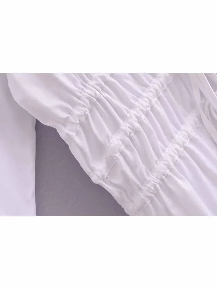 Women's new fashion trench fabric slim short pleated V-neck shirt retro long sleeved Lace up women's shirt chic top