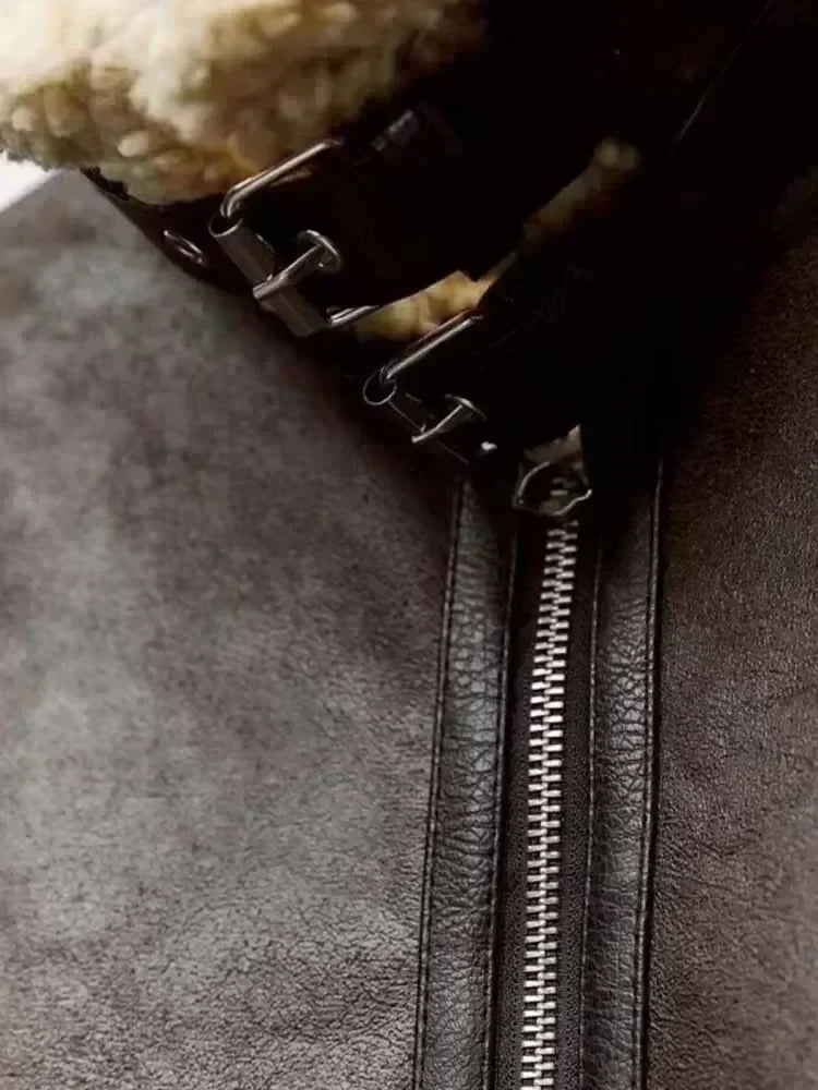 Women's new fashion Loose casual hort double-sided Fur Faux Leather jacket coat retro long sleeved zipper women's coat